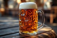 Traditional glass beer mug with fresh cold lager and thick white foam head on wooden table, warm ambient lighting creates amber glow through beverage.