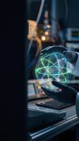 Scientist in black gloves holding glowing atom model with orbital paths in laboratory setting, representing nuclear physics, quantum research, and scientific innovation in modern tech environment.