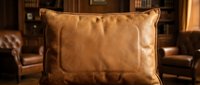 Tan leather pillow with stitched edges displayed in warm-lit living room with furniture and shelving, suitable for interior design, home decor, and furniture marketing projects.