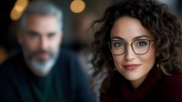 Young Mediterranean woman with curly hair and glasses smiling confidently in burgundy turtleneck sweater, with bearded man in background. Professional portrait.