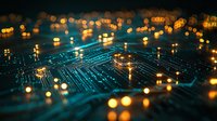 Glowing circuit board with golden bokeh lights creating futuristic technology landscape, symbolizing digital connectivity and innovation.