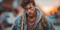 Rugged homeless man with curly hair and worn denim jacket standing on urban street at sunset, portraying social issues and hardship in city environment.