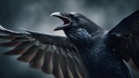 Black raven with open beak and spread wings against moody atmospheric background, symbolizing mystery and wilderness in nature photography.