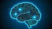 Digital brain with glowing circuit patterns on dark blue background. Artificial intelligence and technology concept for futuristic designs.