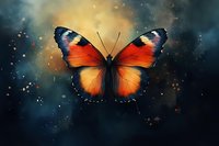 Vibrant orange monarch butterfly with spread wings against mystical dark blue and gold galaxy background with glowing bokeh lights and cosmic dust particles.