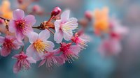 Delicate pink cherry blossom flowers with yellow stamens blooming on branch against soft blurred colorful background in spring garden nature scene.