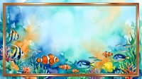 Underwater ocean scene with tropical fish, coral reef and marine life in watercolor style frame for aquarium themed designs and educational materials.