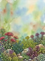 Watercolor garden scene with colorful succulents, wildflowers, and rocks against a soft pastel sky background with copy space.