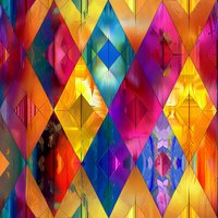 Vibrant geometric diamond pattern with overlapping shapes in rainbow colors featuring blue, pink, yellow, and orange hues creating dynamic abstract composition.