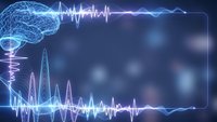 Digital brain with glowing neural networks and sound wave patterns on dark blue background for medical technology presentations.