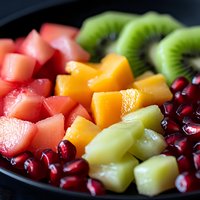 Fresh tropical fruit salad with diced watermelon, mango, kiwi, pomegranate seeds on black plate, macro shot showing juicy texture and vibrant colors.