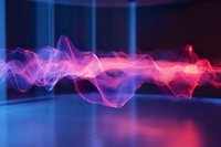 Abstract glowing wave pattern in pink and blue neon colors against dark background with light reflection on surface, modern futuristic design element.