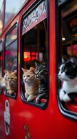 Curious cats peek through windows of bright red vintage bus, creating whimsical urban scene with ginger, tabby and tuxedo cats against evening city lights background.