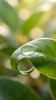 Water droplet resting on vibrant green leaf with soft bokeh background, showcasing nature's freshness and environmental themes for wellness and organic product marketing.