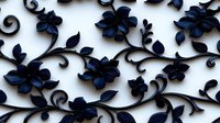 Navy blue floral pattern with elegant swirling vines and delicate flowers on white background creates sophisticated ornamental design for fabric and wallpaper.