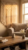 Cozy living room interior with macrame wall hanging, comfortable armchair, wooden coffee table, lily flower in vase, warm natural lighting through window.