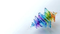 Colorful translucent glass blocks arranged in ascending staircase pattern with vibrant blue, purple, green and orange hues, splashing water droplets, isolated on white background for design projects.