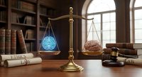 Golden scales of justice balancing artificial intelligence chip and human brain in law office with legal books representing technology versus humanity debate.