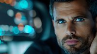 Bearded man with intense blue eyes in dramatic night lighting with bokeh background, looking thoughtful and confident. Professional portrait for business or lifestyle.