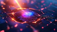 Glowing microchip with orange and blue light effects on dark background, digital technology concept with circuit board pattern and particle effects.