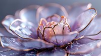 Delicate pink crystal flower with golden wire details and sparkling dewdrops in soft morning light, creating an ethereal macro photography effect.