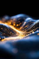 Abstract glowing golden particles forming wave pattern against dark background with blue highlights and bokeh effect, suitable for technology concepts.