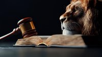 Majestic lion head next to wooden gavel and open law book on dark background, representing justice, power and legal authority in dramatic lighting.