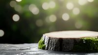Natural wood log slice with green moss on rustic surface against blurred forest background. Organic display platform for product photography and eco-friendly branding.