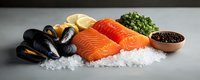 Fresh raw salmon fillet with black mussels, lemon slices and herbs on crushed ice against gray background, seafood composition for cooking.