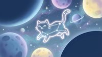 Glowing cat constellation floating in cosmic space with colorful planets and stars creating magical astronomy scene for fantasy designs.