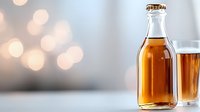 Glass bottle filled with golden amber liquid and drinking glass on light blurred bokeh background, minimalist beverage photography for bar and restaurant menus.