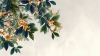Blooming tree branch with delicate white flowers and green leaves against soft beige background, spring botanical nature scene for peaceful home decor designs.