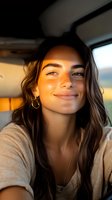 Young mixed race woman with freckles smiling warmly at golden hour sunlight in car interior, wearing casual beige top and minimal jewelry, natural makeup look.