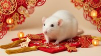 Albino rat with pink ears and nose positioned among red and gold lunar new year decorations, hanging lanterns, and traditional ornaments on beige background for festive holiday celebrations.