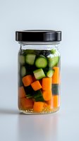 Fresh pickled vegetables in glass jar with cucumber and carrot chunks in brine solution against light background, showing homemade preservation method.