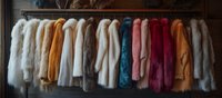Luxurious fur coats in various colors hanging on rack against dark background, fashion retail display showing white, brown, blue and red garments.