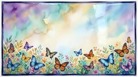 Watercolor spring garden border with colorful butterflies and wildflowers on pastel rainbow background for greeting cards and seasonal designs.