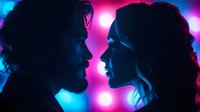 Romantic silhouette of young couple in profile against vibrant neon pink and blue bokeh background, intimate moment between lovers with dramatic lighting.