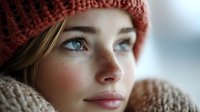 Young woman with freckles wearing red knitted winter hat gazes thoughtfully into distance, natural makeup and blue eyes highlighted in soft window light.