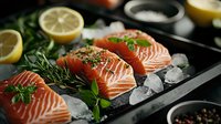 Fresh raw salmon fillets on black slate with herbs, lemon slices, and ice cubes. Culinary preparation of seafood with aromatic seasonings and garnish.