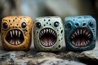 Quirky monster dice with sharp teeth and big eyes in orange, mint green and blue colors arranged in row on rustic wooden surface, macro photography.