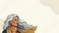 Mature woman with long gray hair and golden scarf, side profile portrait against neutral beige background with organic shapes, suitable for wellness, lifestyle, and editorial design projects.