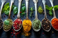 Colorful array of culinary spices and herbs in vintage silver spoons on dark slate background, showcasing vibrant cooking ingredients for gourmet cuisine.