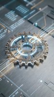 Futuristic metallic gear with electronic circuits and glowing blue lights on digital technology background for industrial automation and engineering concepts.