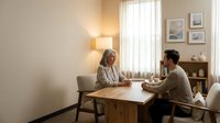 Professional consultation meeting between mature African American female advisor and young Caucasian male client in modern office setting with natural lighting.