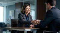 Professional businesswoman and businessman shaking hands across conference table in modern office setting during successful meeting or partnership agreement.