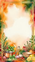 Watercolor cooking frame with fresh herbs, garlic, whisk, and bowl surrounded by warm autumn tones and golden border, isolated on white background for recipe cards, menus, and culinary designs.