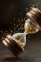 Magical hourglass with flowing golden glitter and sparkles against dark background, capturing time with ethereal glow and shimmering particles in motion.