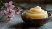 Creamy honey swirl in rustic ceramic bowl with delicate pink cherry blossoms creating serene spring atmosphere on weathered wooden surface.