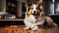Cheerful Shetland Sheepdog lying on wooden floor near scattered dog treats, displaying happy expression with open mouth and alert ears. Pet food and training concept.